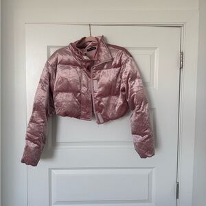 Cropped Pink Velvet Puffer Jacket - Unbranded